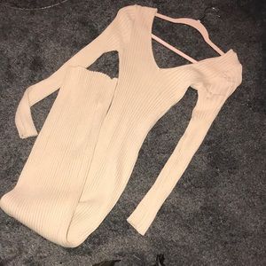 Maxi length off the shoulder ribbed sweater dress